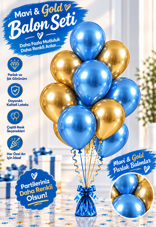Mucit Home 10 Adet Mavi Gold Balon Seti – 12 inç | Parlak ve Göz Alıcı Parti Balonları