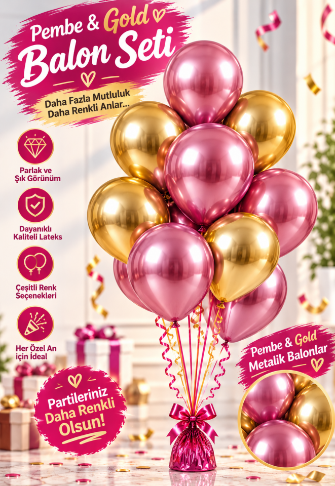 Mucit Home 10 Adet Pembe Gold Balon Seti – 12 inç | Parlak ve Göz Alıcı Parti Balonları