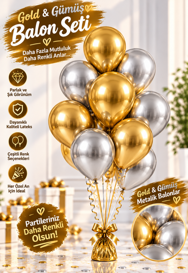 Mucit Home 10 Adet Gold Gümüş Şıklığı Balon Seti – 12 inç | Parlak ve Göz Alıcı Parti Balonları