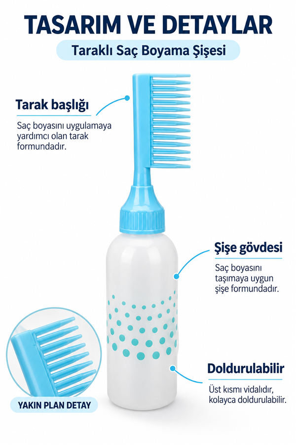 Mucit Home Taraklı Saç Boyama Şişesi Bakım Tarağı Saç Bakım Yağı Aplikatörü Saç Boyama Tarağı Şişesi