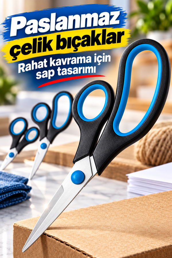 Mucit Home Keskin Makas Seti 3 lü Paslanmaz Çelik Dayanıklı Ambalaj Kesme Makası