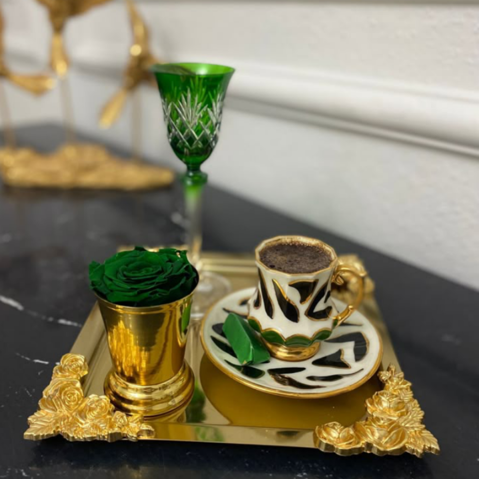Mucit Home Kare Kenarlari Motifli  Gold Sunum Tepsi