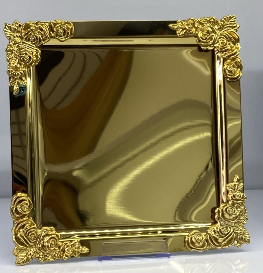 Mucit Home Kare Kenarlari Motifli  Gold Sunum Tepsi