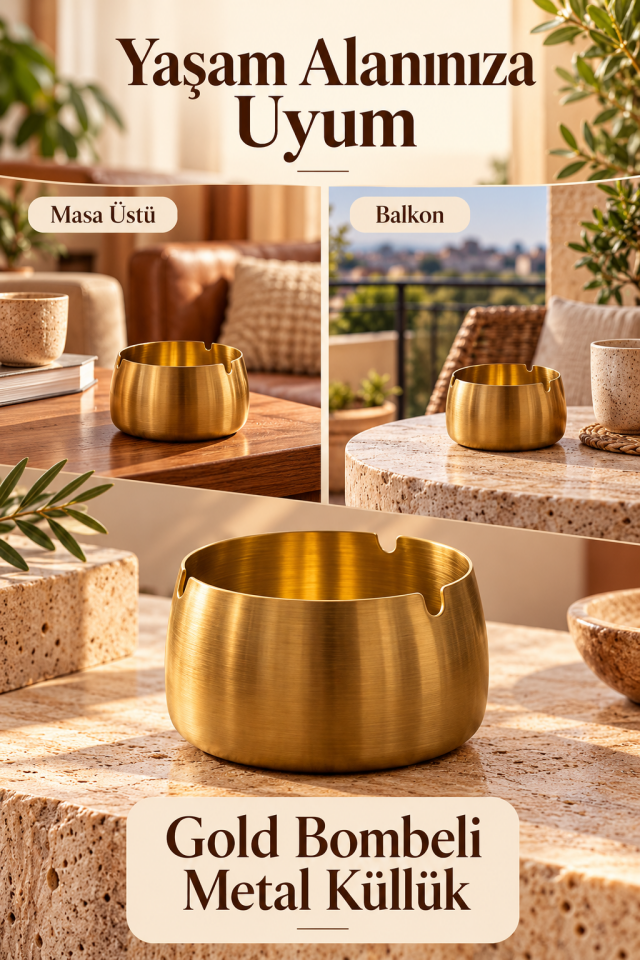 Mucit Home Gold Bombeli Paslanmaz Metal Küllük – Modern ve Şık Tasarım