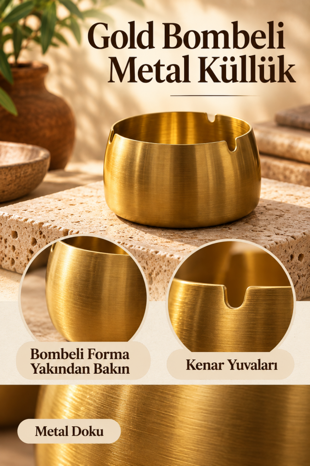 Mucit Home Gold Bombeli Paslanmaz Metal Küllük – Modern ve Şık Tasarım