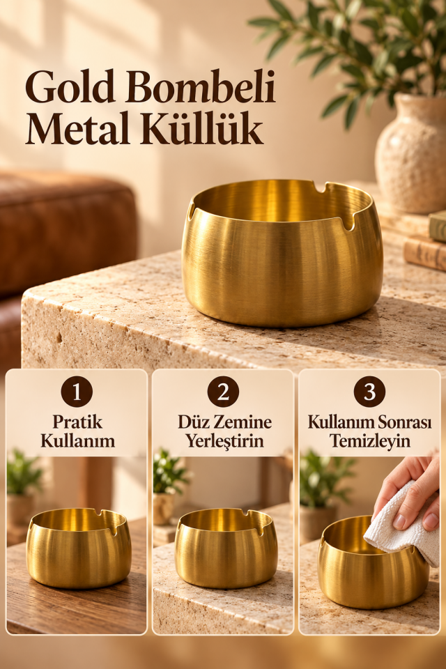 Mucit Home Gold Bombeli Paslanmaz Metal Küllük – Modern ve Şık Tasarım