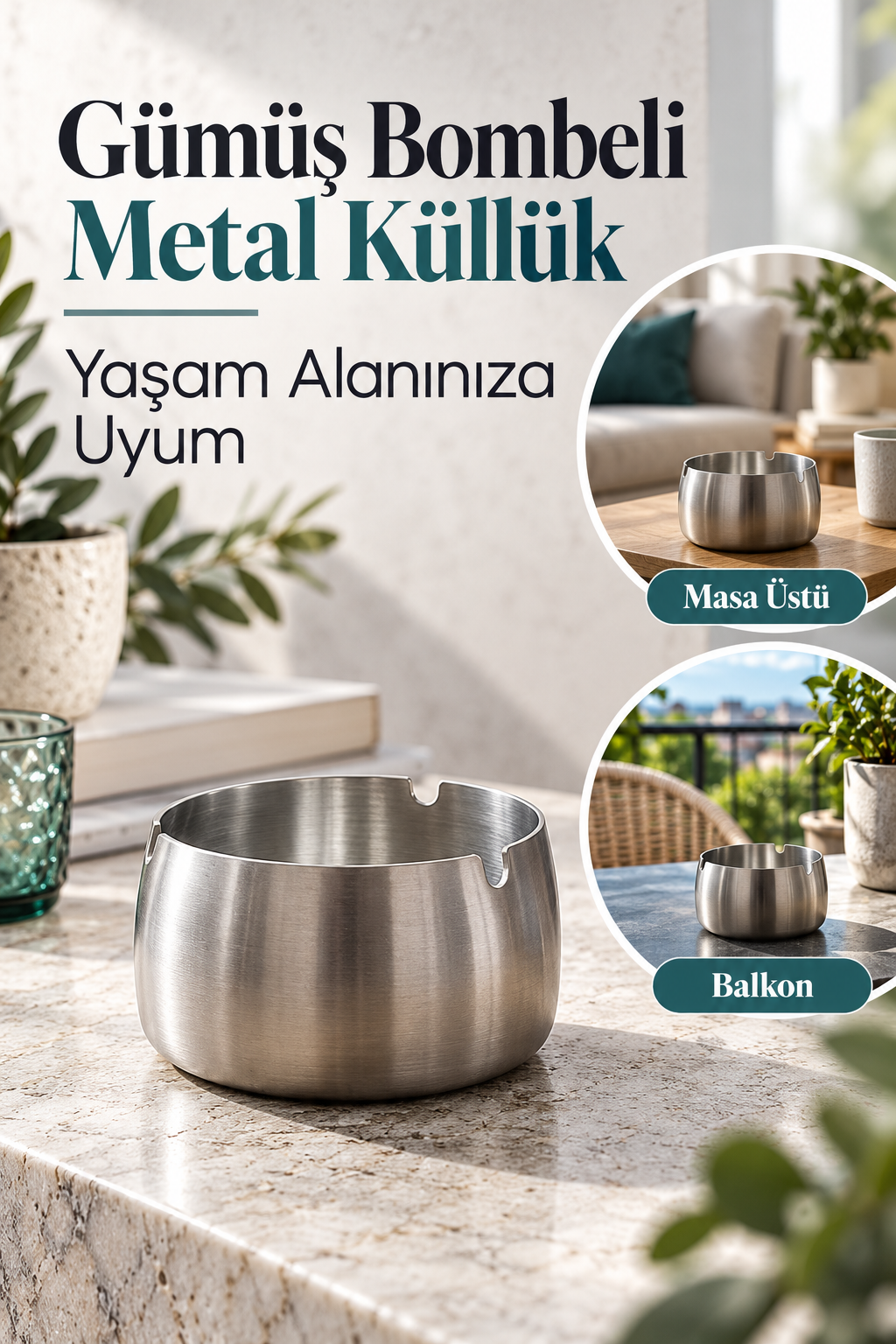 Mucit Home Gümüş Bombeli Paslanmaz Metal Küllük – Modern ve Şık Tasarım