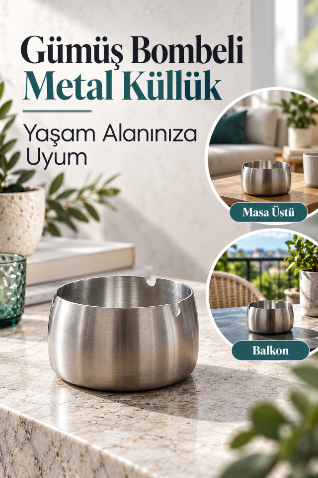 Mucit Home Gümüş Bombeli Paslanmaz Metal Küllük – Modern ve Şık Tasarım