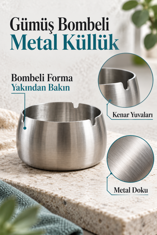 Mucit Home Gümüş Bombeli Paslanmaz Metal Küllük – Modern ve Şık Tasarım