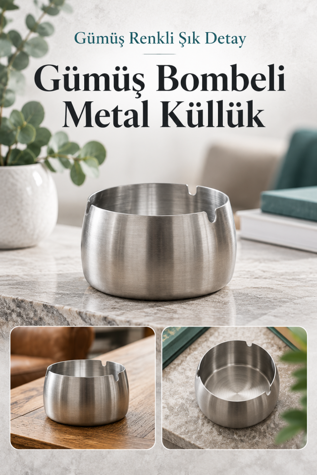 Mucit Home Gümüş Bombeli Paslanmaz Metal Küllük – Modern ve Şık Tasarım