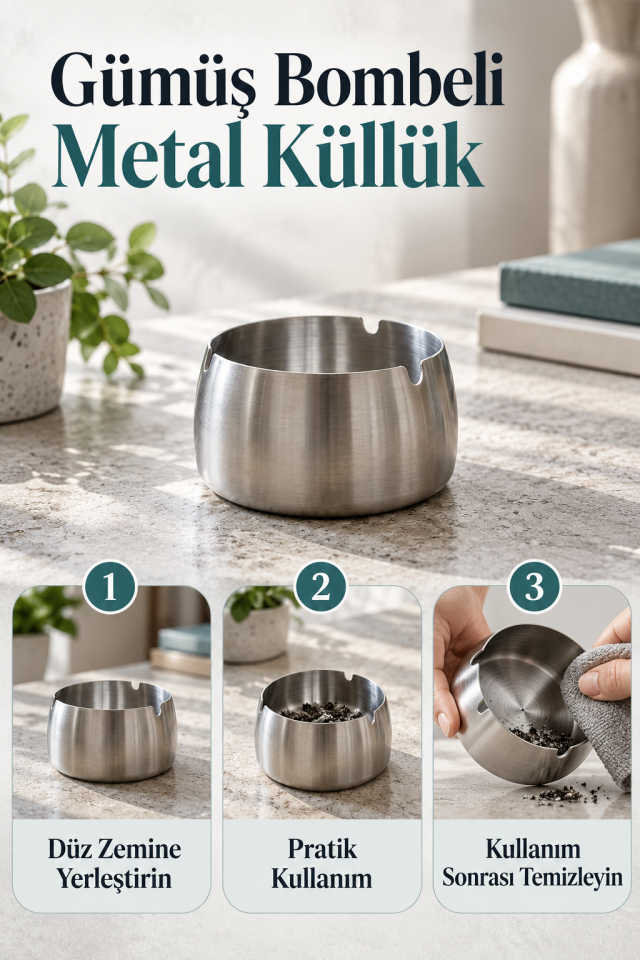 Mucit Home Gümüş Bombeli Paslanmaz Metal Küllük – Modern ve Şık Tasarım