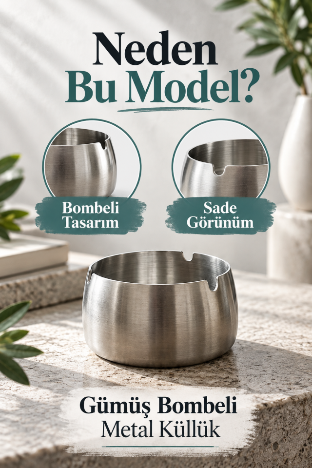 Mucit Home Gümüş Bombeli Paslanmaz Metal Küllük – Modern ve Şık Tasarım
