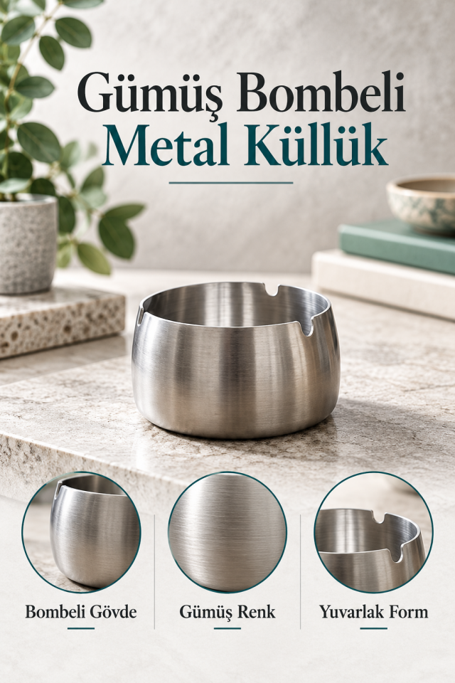 Mucit Home Gümüş Bombeli Paslanmaz Metal Küllük – Modern ve Şık Tasarım