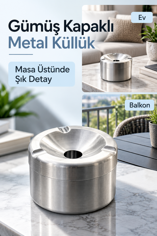Mucit Home Araç İçi Gümüş Kapaklı Kokusuz Paslanmaz Metal Küllük – Modern ve Şık Tasarım