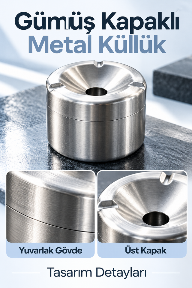 Mucit Home Araç İçi Gümüş Kapaklı Kokusuz Paslanmaz Metal Küllük – Modern ve Şık Tasarım