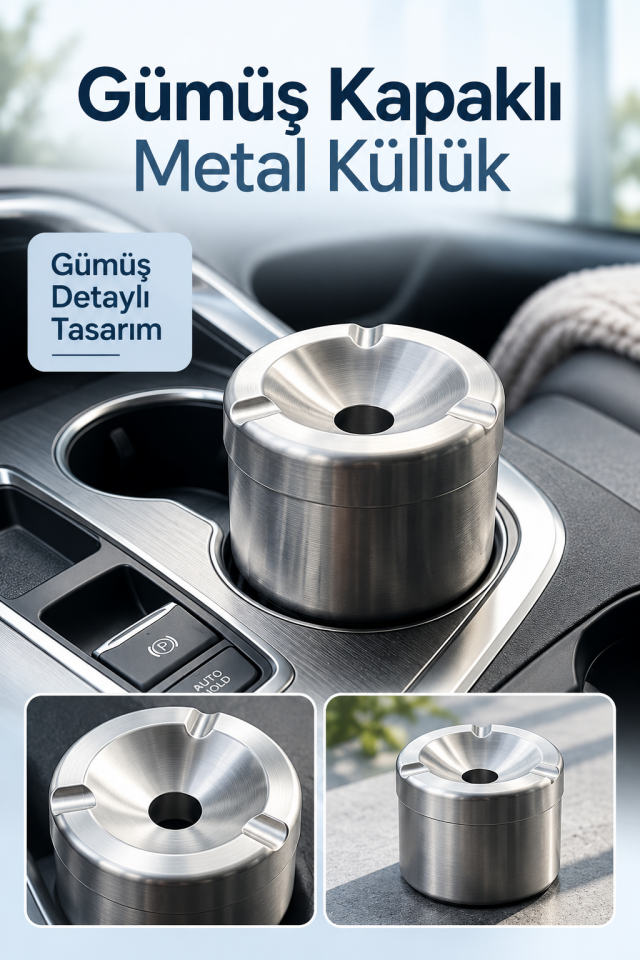 Mucit Home Araç İçi Gümüş Kapaklı Kokusuz Paslanmaz Metal Küllük – Modern ve Şık Tasarım