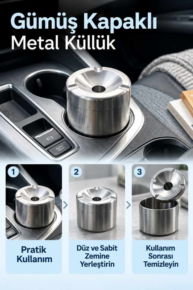 Mucit Home Araç İçi Gümüş Kapaklı Kokusuz Paslanmaz Metal Küllük – Modern ve Şık Tasarım