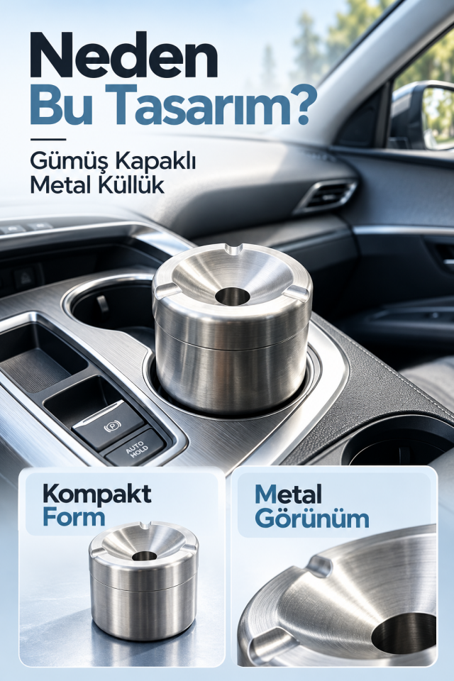 Mucit Home Araç İçi Gümüş Kapaklı Kokusuz Paslanmaz Metal Küllük – Modern ve Şık Tasarım