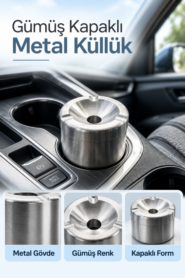 Mucit Home Araç İçi Gümüş Kapaklı Kokusuz Paslanmaz Metal Küllük – Modern ve Şık Tasarım