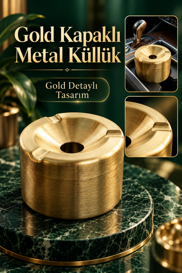 Mucit Home Araç İçi Gold Kapaklı Kokusuz Paslanmaz Metal Küllük – Modern ve Şık Tasarım