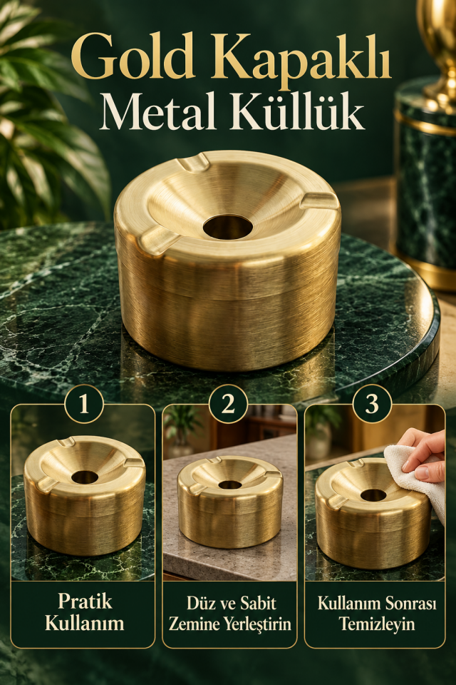 Mucit Home Araç İçi Gold Kapaklı Kokusuz Paslanmaz Metal Küllük – Modern ve Şık Tasarım