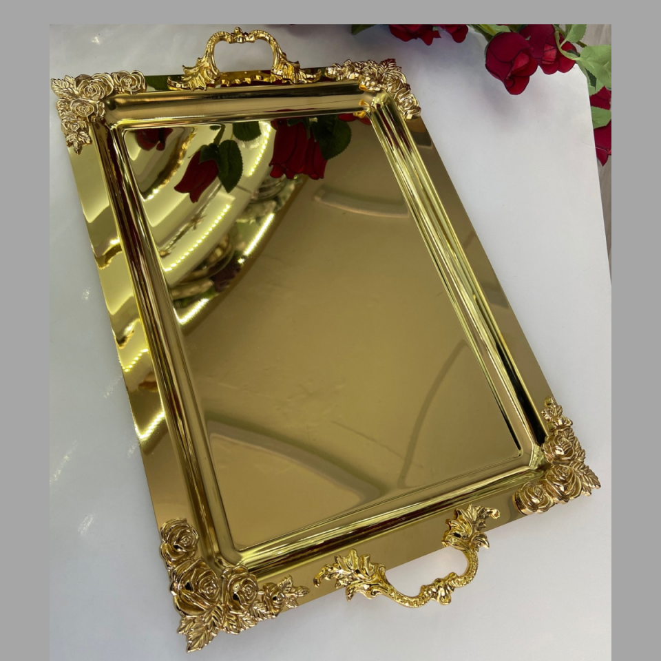 Mucit Home  Kulplu Kenarları Motifli Dikdörtgen Gold Tepsi