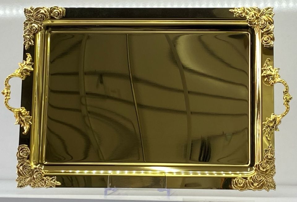 Mucit Home  Kulplu Kenarları Motifli Dikdörtgen Gold Tepsi