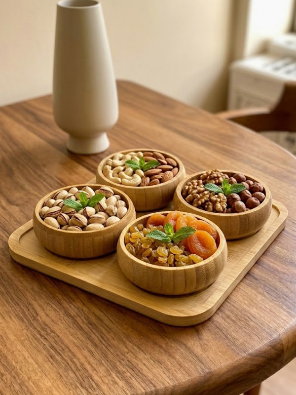 Mucit Home 4'lü Doğal Bambu 4'lü Yuvarlak Bölmeli Çerezlik Seti Sunumluk Servis Tabağı Atıştırmalık Kase