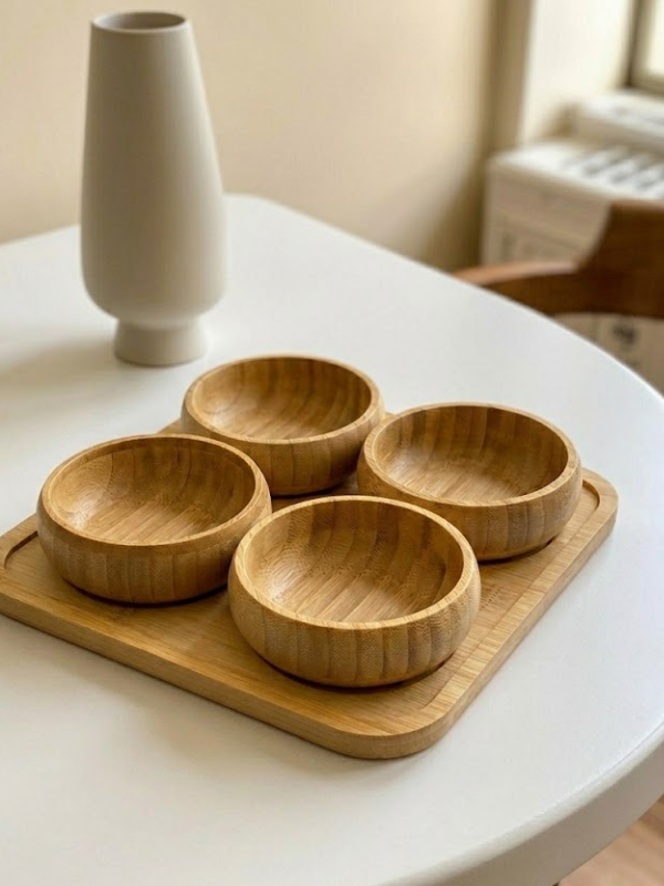 Mucit Home 4'lü Doğal Bambu 4'lü Yuvarlak Bölmeli Çerezlik Seti Sunumluk Servis Tabağı Atıştırmalık Kase