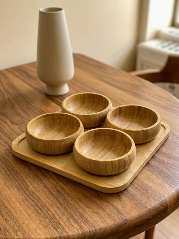 Mucit Home 4'lü Doğal Bambu 4'lü Yuvarlak Bölmeli Çerezlik Seti Sunumluk Servis Tabağı Atıştırmalık Kase