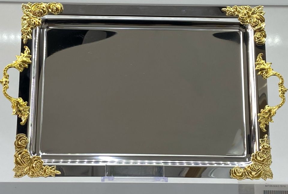 Mucit Home  Kulplu Kenarları Gold Motifli  Gümüş Tepsi