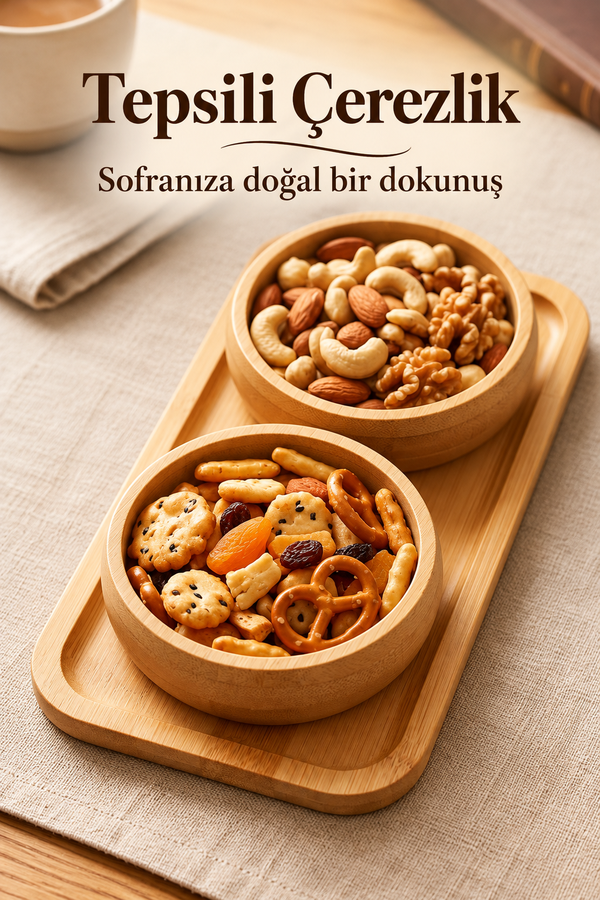 Mucit Home 2 li Doğal Bambu Tepsili 2 li Yuvarlak Bölmeli Çerezlik Seti Sunumluk Atıştırmalık Kase