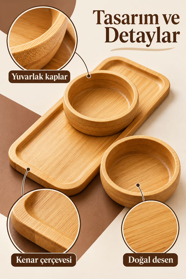 Mucit Home 2 li Doğal Bambu Tepsili 2 li Yuvarlak Bölmeli Çerezlik Seti Sunumluk Atıştırmalık Kase
