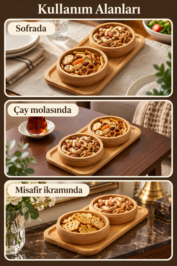 Mucit Home 2 li Doğal Bambu Tepsili 2 li Yuvarlak Bölmeli Çerezlik Seti Sunumluk Atıştırmalık Kase