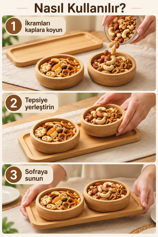 Mucit Home 2 li Doğal Bambu Tepsili 2 li Yuvarlak Bölmeli Çerezlik Seti Sunumluk Atıştırmalık Kase