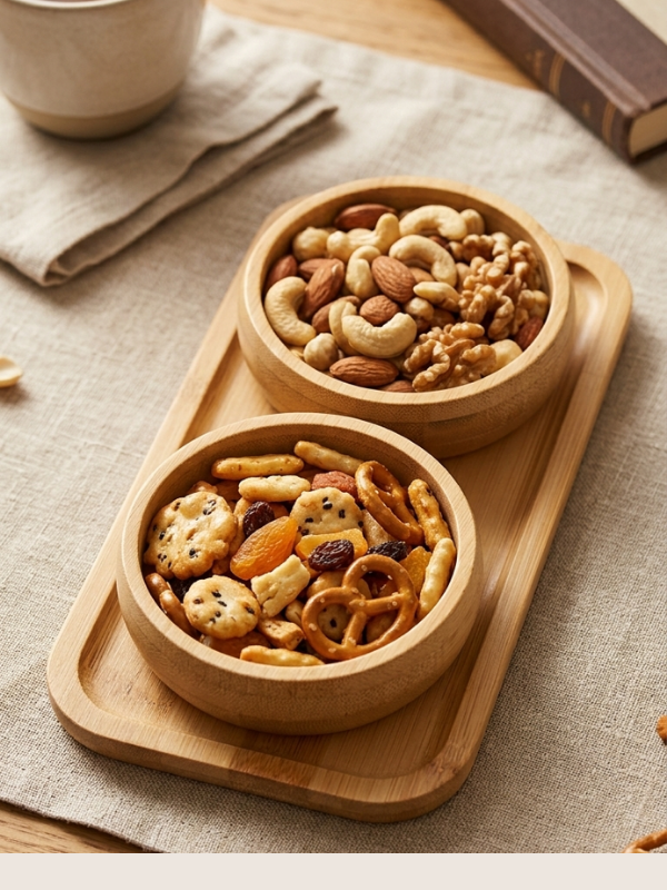 Mucit Home 2 li Doğal Bambu Tepsili 2 li Yuvarlak Bölmeli Çerezlik Seti Sunumluk Atıştırmalık Kase