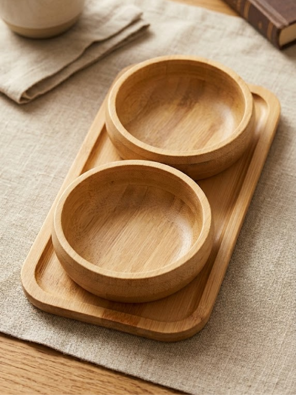 Mucit Home 2 li Doğal Bambu Tepsili 2 li Yuvarlak Bölmeli Çerezlik Seti Sunumluk Atıştırmalık Kase