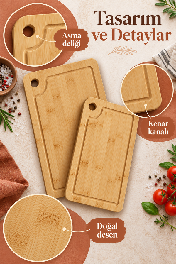 Mucit Home 2’li Bambu Kesme Tahtası Seti Doğal Dayanıklı Mutfak Kesim Tahtası