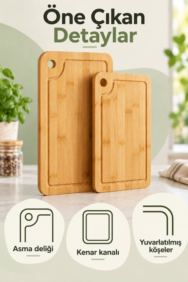 Mucit Home 2’li Bambu Kesme Tahtası Seti Doğal Dayanıklı Mutfak Kesim Tahtası