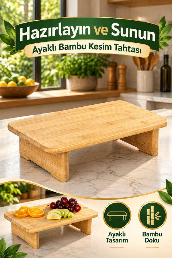 Mucit Home Ayaklı Bambu Dikdörtgen Kesim Tahtası, Kesme Tahtası, Ekmek Tahtası, Et Tahtası, Sebze Tahtası