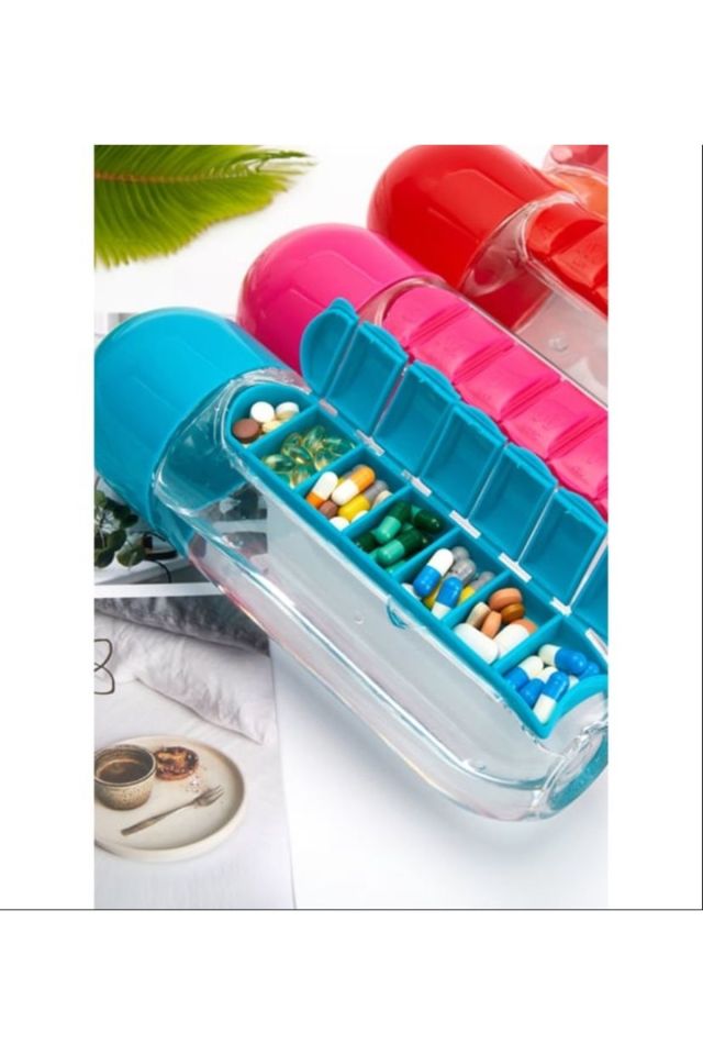 Mucit Home  Renkli Ilaç Kutulu Matara Suluk 600ml 7 Günlük Hap Kutusu Organizer Spor Sızdırmaz Su Şişesi