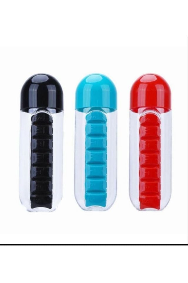 Mucit Home  Renkli Ilaç Kutulu Matara Suluk 600ml 7 Günlük Hap Kutusu Organizer Spor Sızdırmaz Su Şişesi
