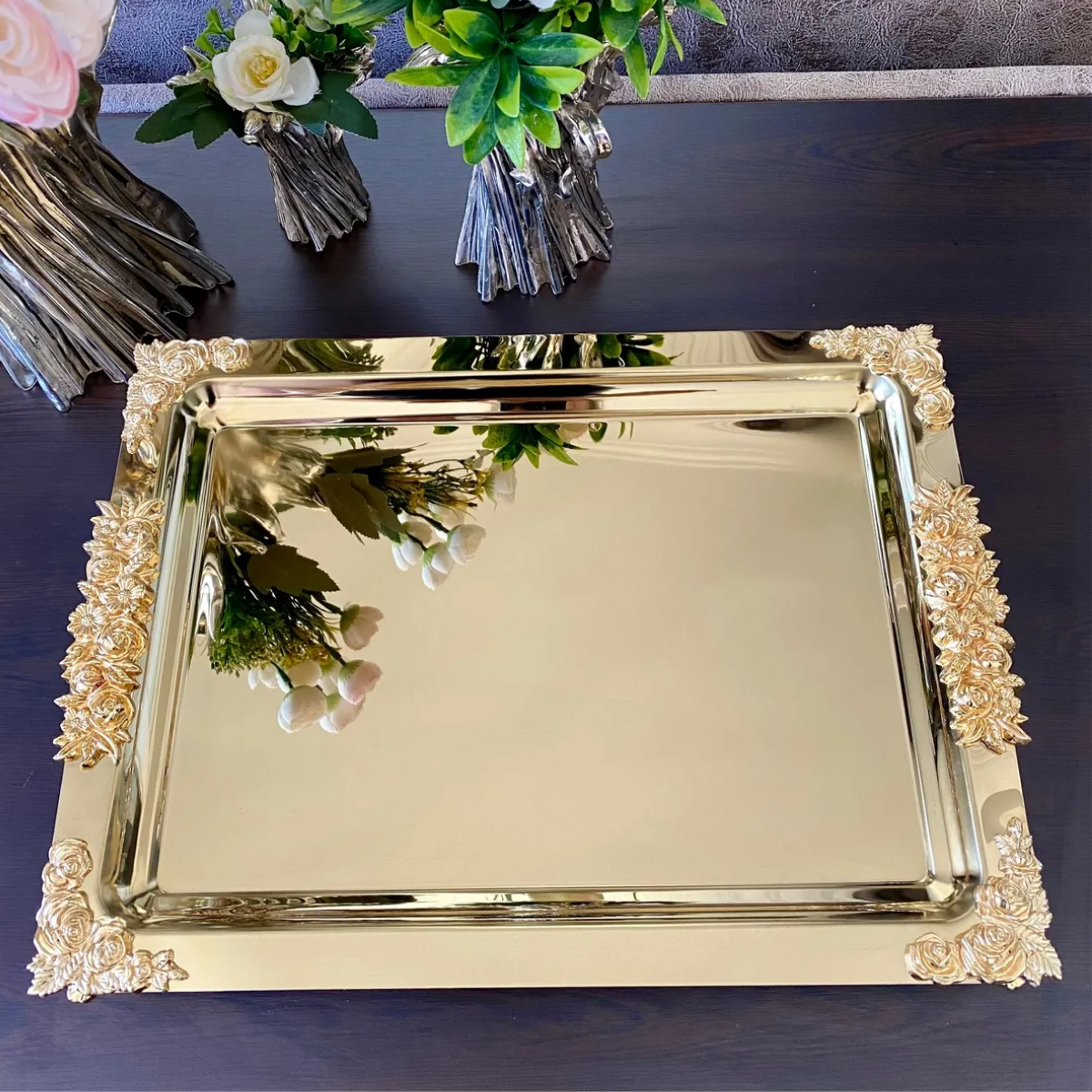 Mucit Home  Kenarlari Çiçek Motifli Kare Gold Tepsi