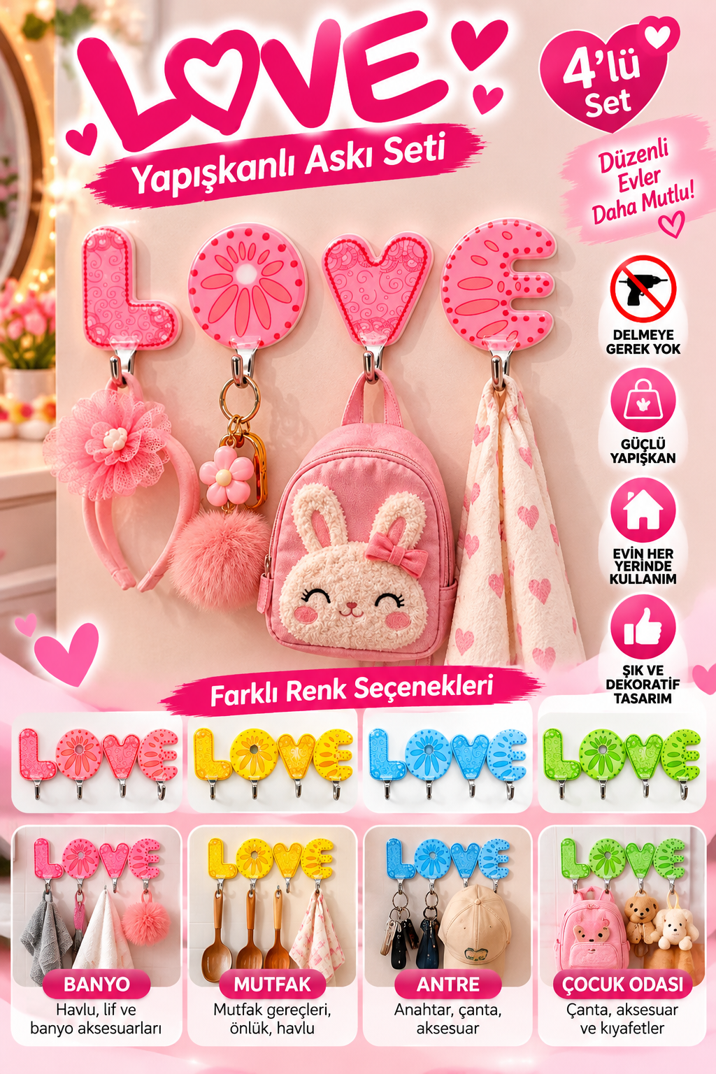 Mucit Home LOVE Yapışkanlı Askı Seti 4 Lü Delmesiz Dekoratif Duvar Askılığı Banyo Mutfak Çocuk Odası Anahtarlık Askısı