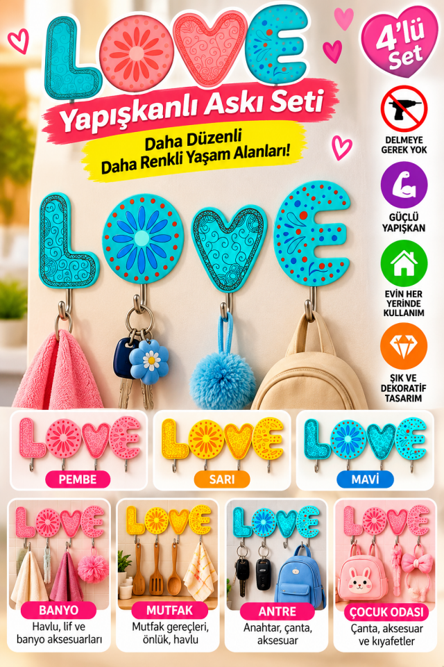 Mucit Home LOVE Yapışkanlı Askı Seti 4 Lü Delmesiz Dekoratif Duvar Askılığı Banyo Mutfak Çocuk Odası Anahtarlık Askısı