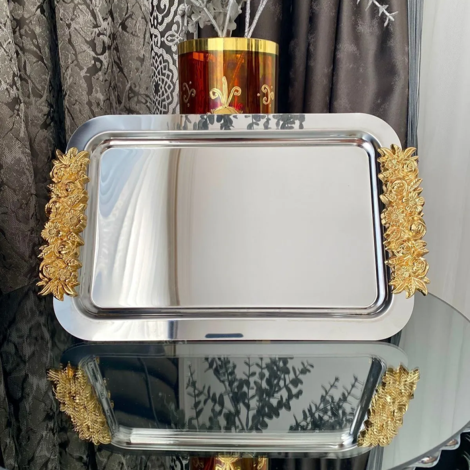 Mucit Home  Kenarı Gold Motifli Gümüş Tepsi