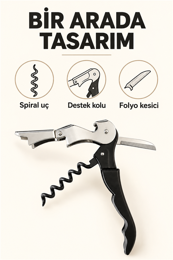 Mucit Home Profesyonel Tirbüşon Pratik Sağlam Garson Tip Açacak Kesici Tirbuşon