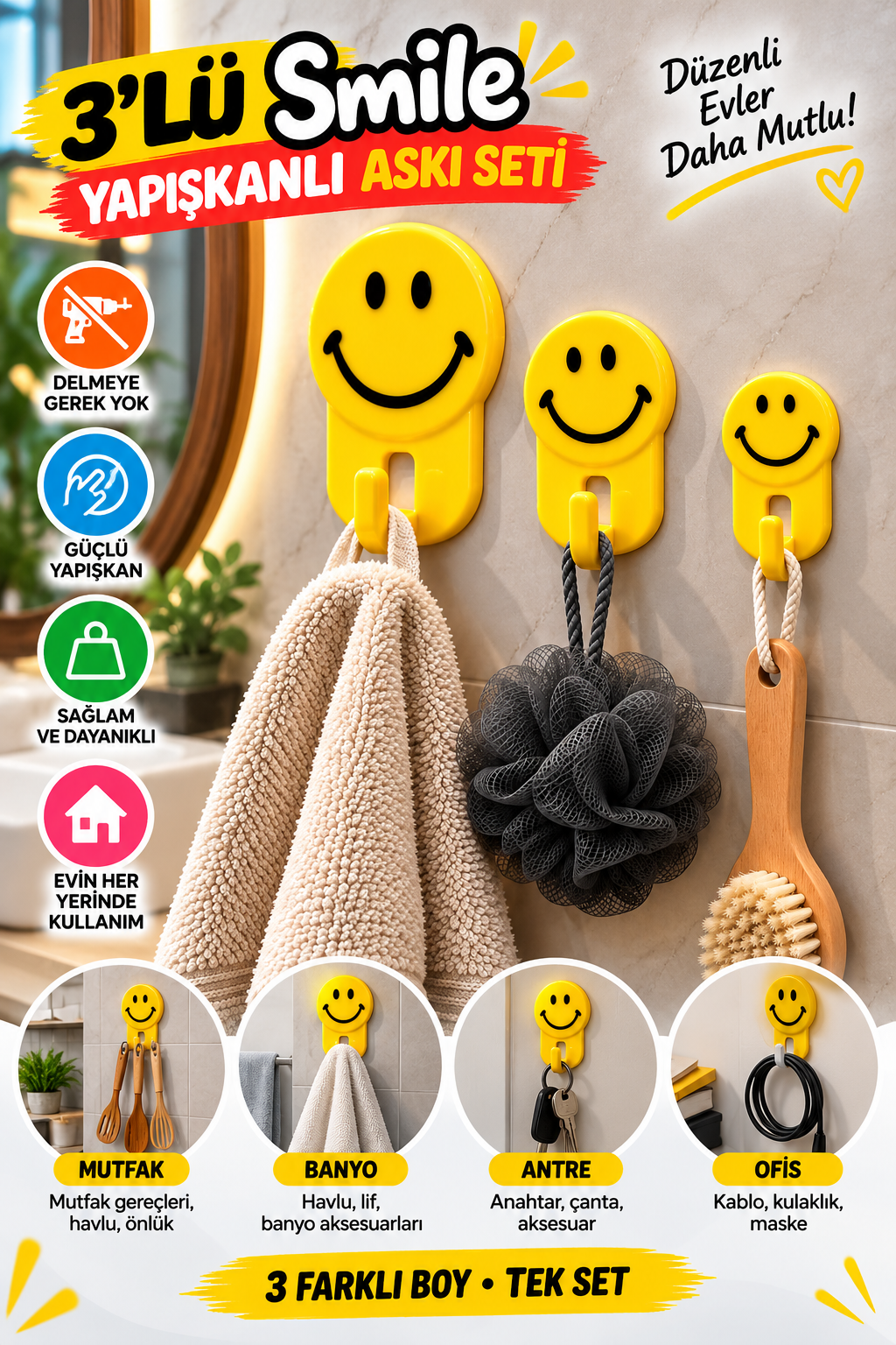 Mucit Home 3'lü Smile Gülen Yüz Yapışkanlı Askı Seti Delmesiz Duvar Askılığı Banyo Mutfak Havlu Askı