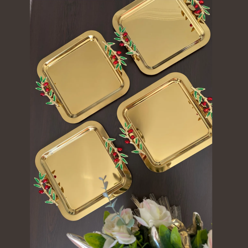 Mucit Home 4 lü Kiraz Dalı  Motifli Gold Tepsi