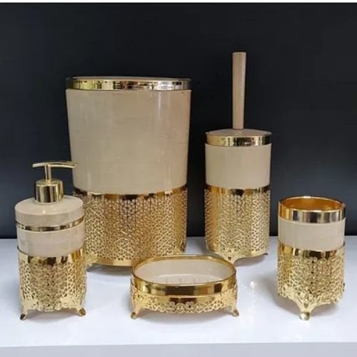 Gold Krem Mermer Desenli, 5 Parça Akrilik Ferforje Banyo Seti